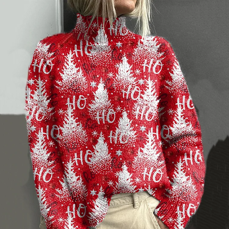 Cute Christmas Tree Printed Knitted Turtleneck Sweater