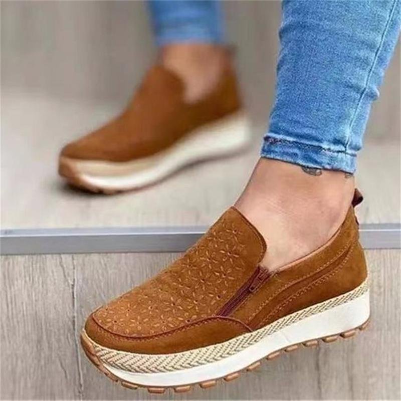 Side Zipper Design Slip On Style Solid Color Round Toe Soft Sole Flat-Heel Loafers