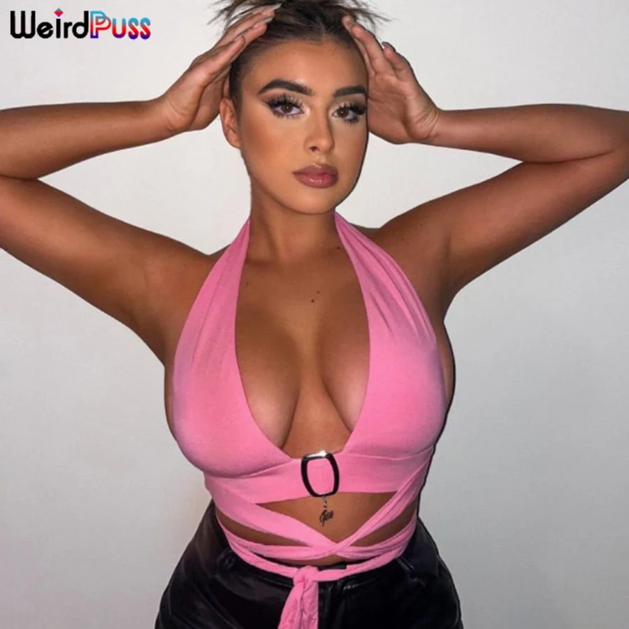 Weird Puss Y2K Sexy Beach Vacation Camisole Women Summer Solid Color Skinny Sleeveless Bandage Halter Top Party Clubwear Outfit