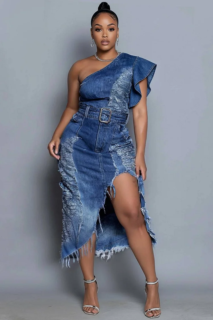 Xpluswear Design Plus Size Party Blue One Shoulder Split Distressed Denim Midi Dresses [Pre-Order] 2024 - Xpluswear