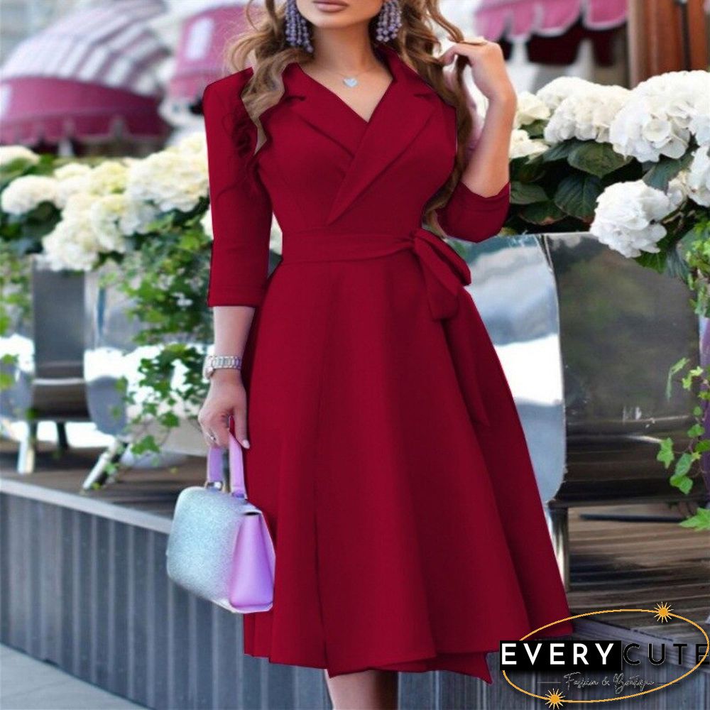 New European And American Style V-neck Fashion Strap Waist Closed Middle Sleeve Dress Vestido Feminino