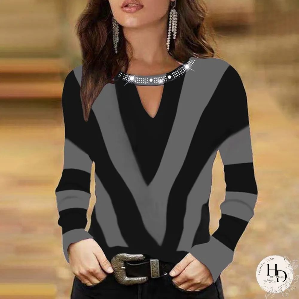 Womens T-Shirt-NEW Fashion Creative Geometric Pattern Printing Long Sleeve V-neck Casual