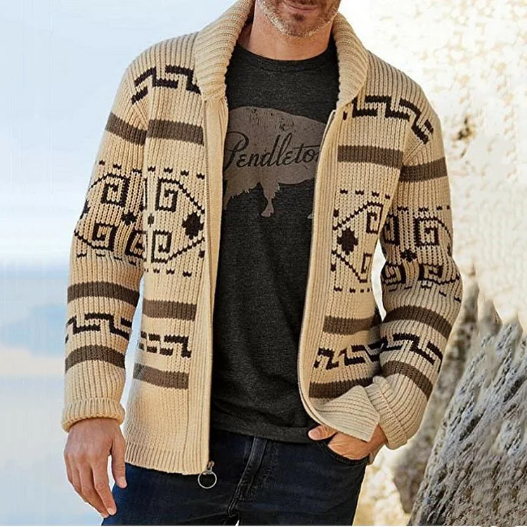 Men's Fashion Lapel Casual Cardigan Jacket Long Sleeve Slim Fit Jacquard Knit Sweater
