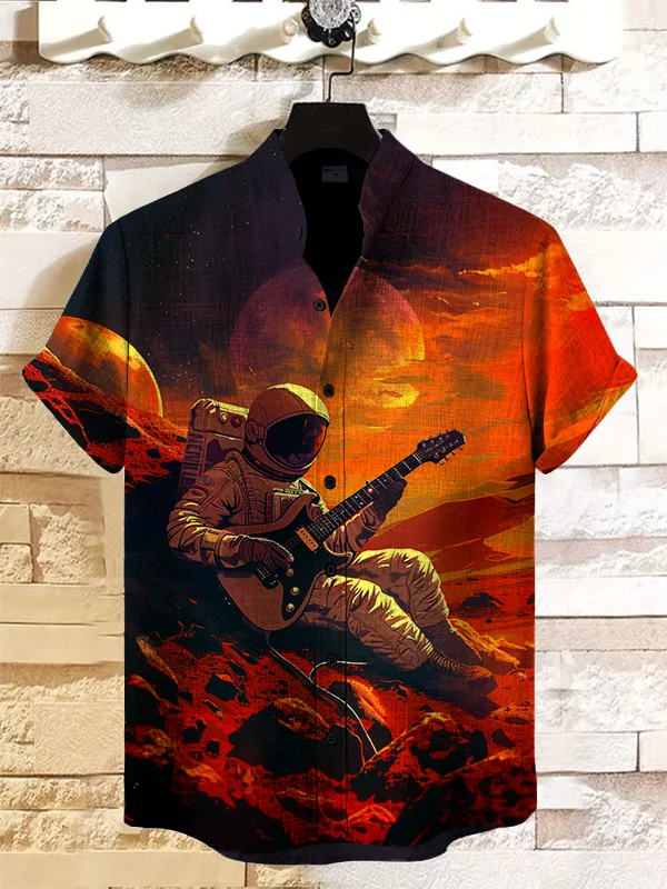 Men's Astronaut Playing Electric Guitar on Alien Planet Print Casual Shirt