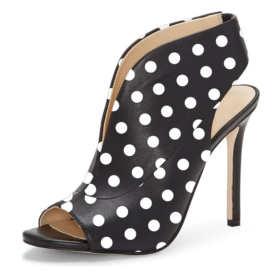 Black & White Polka Dots Peep Toe Slingback Stiletto Heeled Sandals