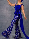 Off-The-Shoulder Sequined Printing Split-Joint Straight Leg Jumpsuits