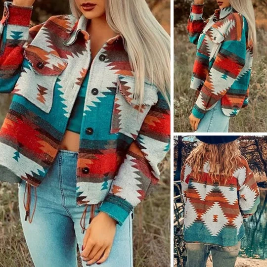 Women's Aztec Jacket Geometric Slit Button Pocket Coat