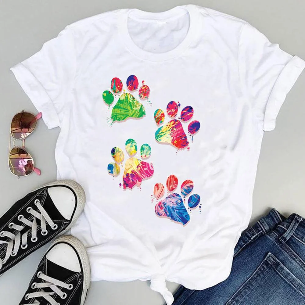 Women Cartoon Watercolor Paw Pet Dog Cute Fashion Print Graphic Summer Short Sleeve Female Clothes Tops Tees Tshirt T-Shirt