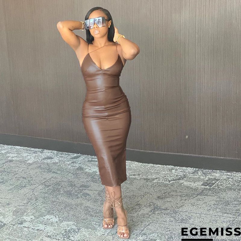 PU Slit Back Spaghetti Strap Bodycon Dress | EGEMISS
