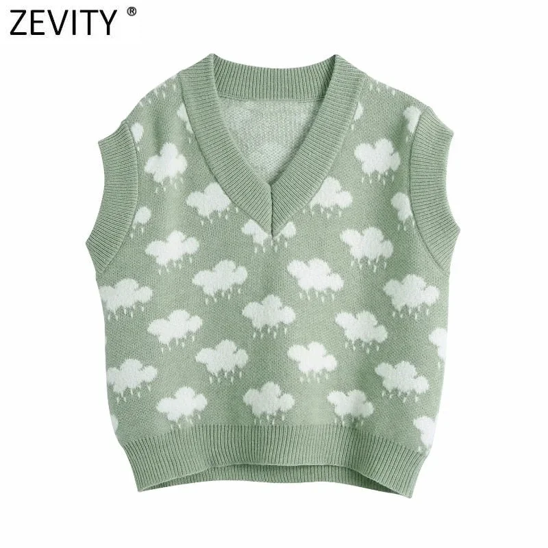 Zevity Women Fashion V Neck Cloud Pattern Knitting Sweater Female Sleeveless Casual Slim Vest Chic Leisure Pullovers Tops S669