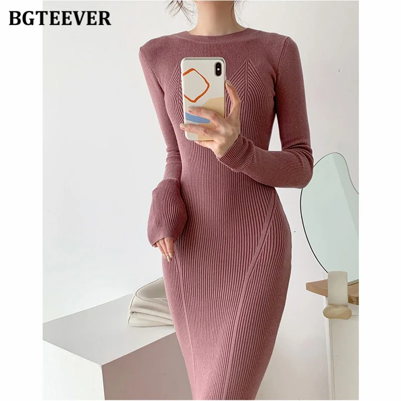 BGTEEVER O-neck Slim Sweaters Bodycon Dress for Women 2021 Autumn Winter Knitted Vestidos Femme Full Sleeve Midi Female Dress