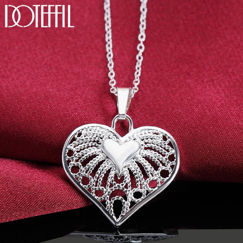 DOTEFFIL 925 Sterling Silver 16-30 Inch Hollow Heart Pendant Necklace For Woman Jewelry