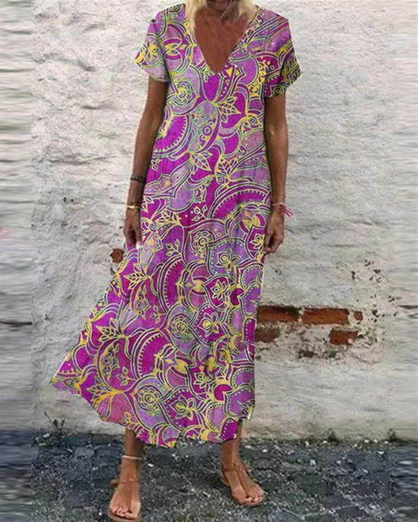 Boho Floral V-Neckline Short Sleeve Maxi Dress