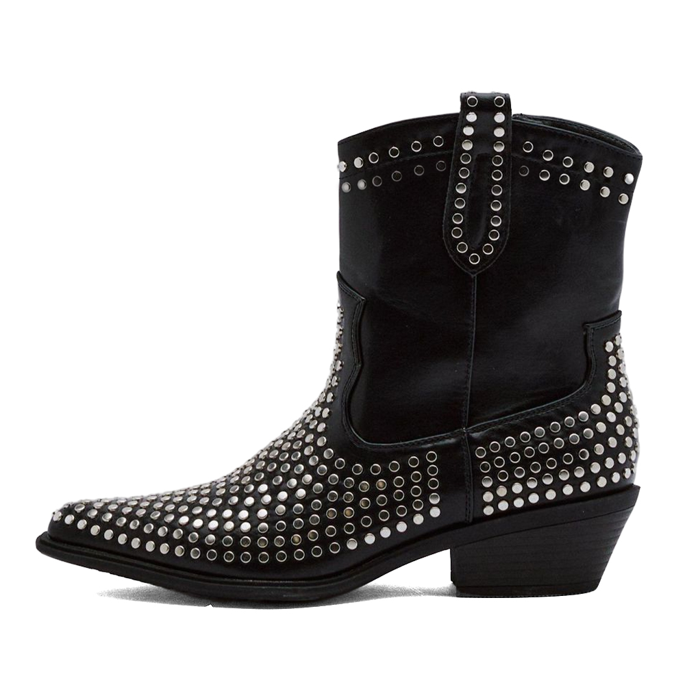 Black Studs Embellished Pointed Toe Chunky Heel Cowgirl Boots Nicepairs