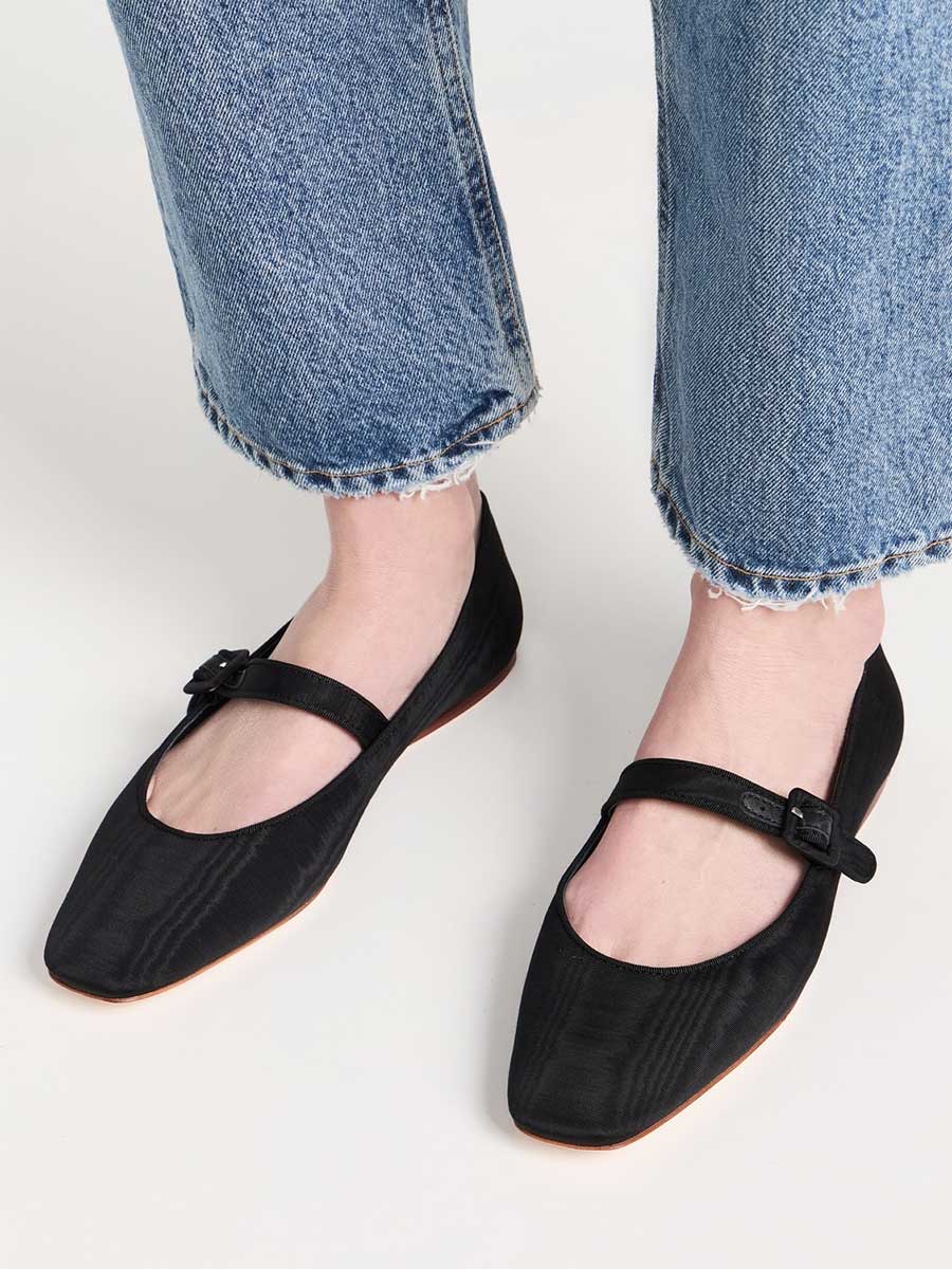 Fabric Square Toe Buckled Strappy Formal Mary Jane Flats in Black