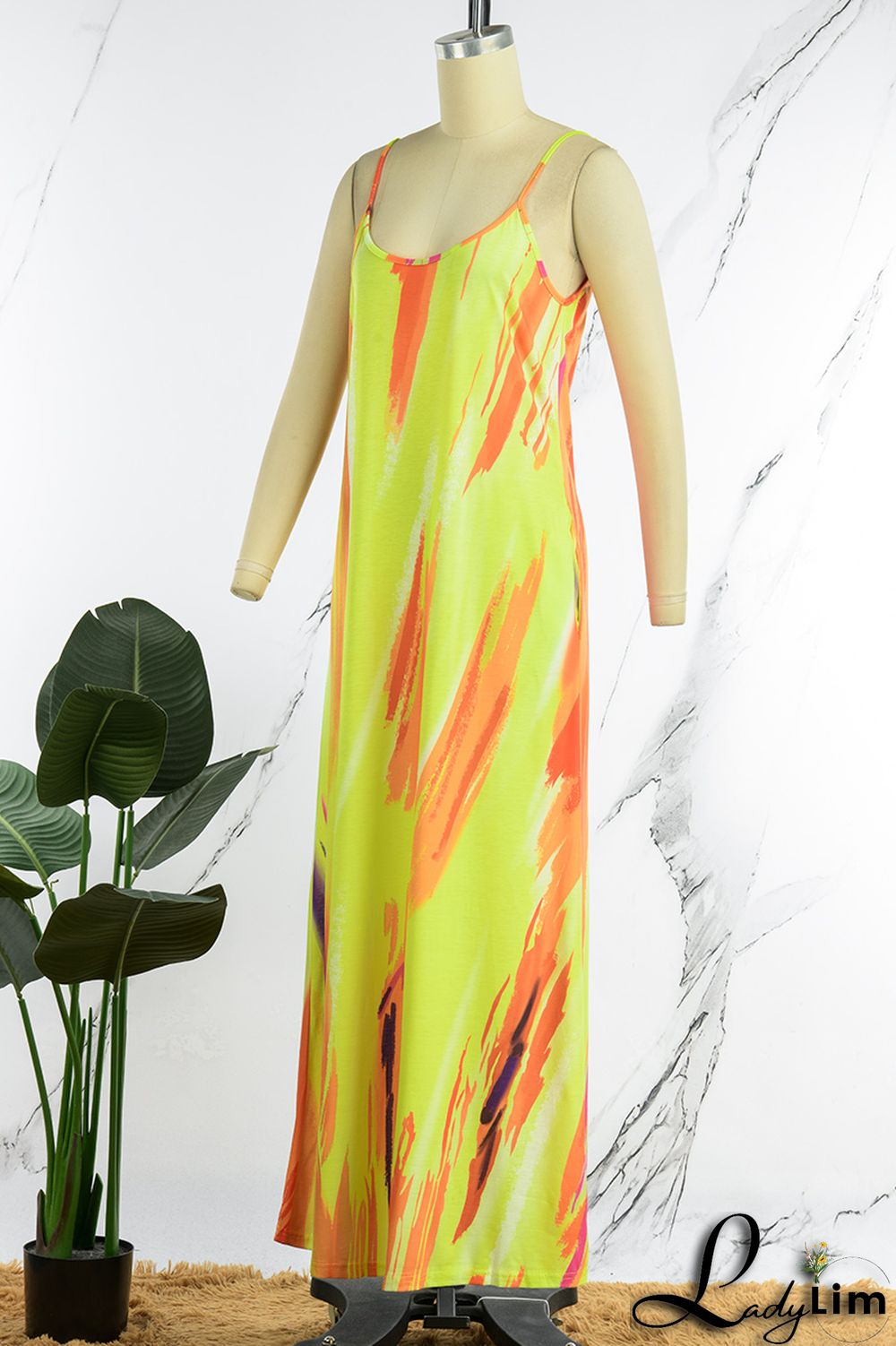 Yellow Sexy Print Patchwork Spaghetti Strap Sling Dress Dresses