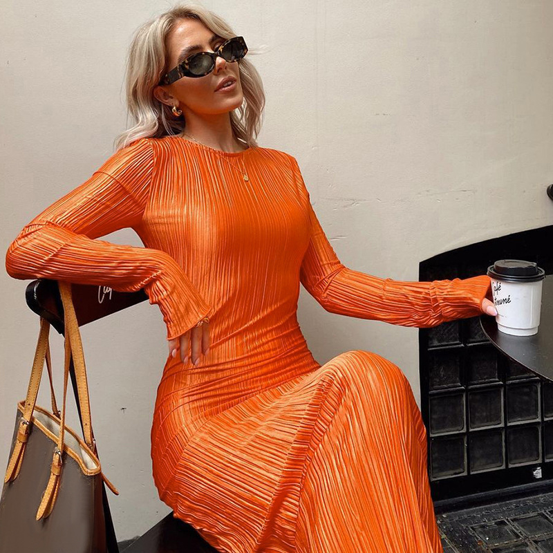 Ootddress Fashion Long Sleeve Loose Dress For Women Ribbed Casual Elegant Slim High Waist Streetwear Solid Ruffled Ladies Dress 2025