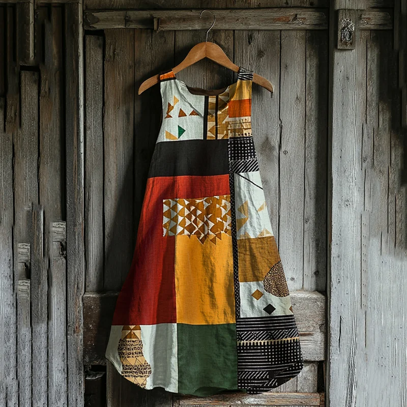 Women's Vintage African Geometric Pattern Cotton And Linen Dress