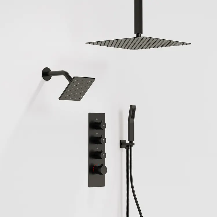 EVERSTEIN Rainfall Three Heads Shower System in Matte Black, 16 In.