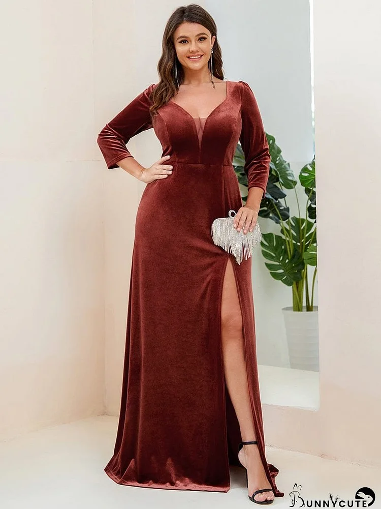 Elegant Shimmering A-Line Long Sleeve Deep V-Neck Evening Gown
