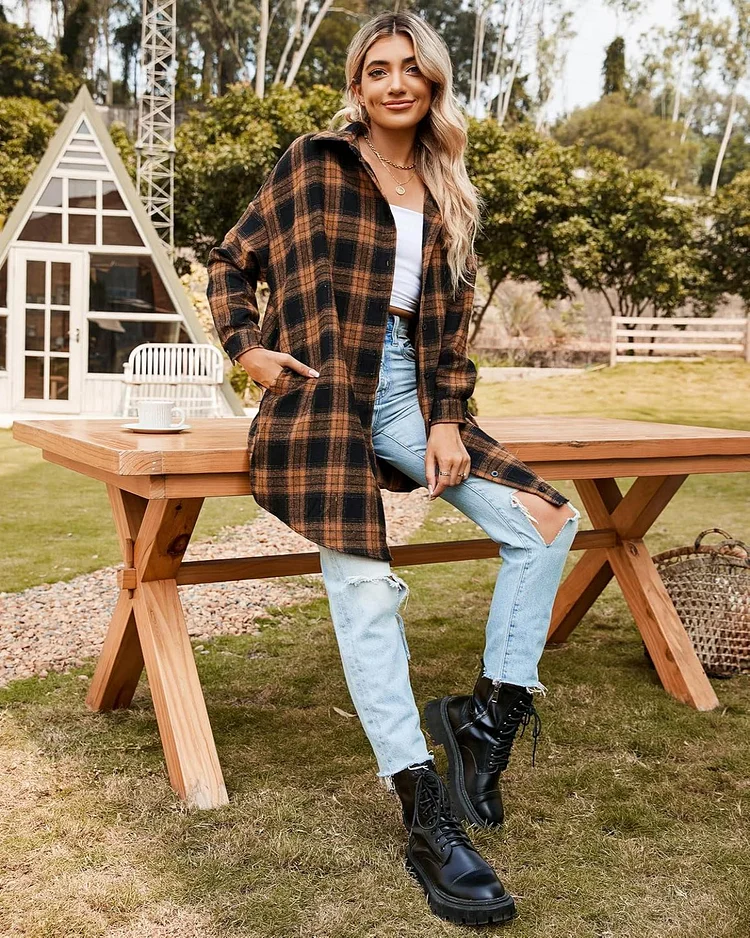 WOMEN'S BUTTON DOWN FLANNEL SHIRTS PLAID LONG JACKET COATS(BUY 2 FREE SHIPPING)