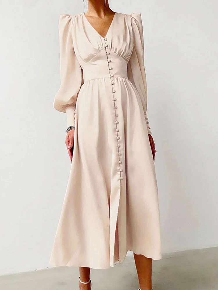 OOTN Beige Single Breasted Sexy Dress Party Clud High Waist Satin Long Dress Elegant V Neck Women Midi Dresses Lantern Sleeve