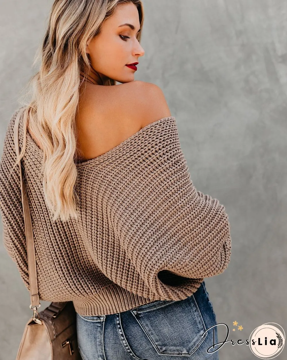 Indianred Loose Long Sleeve Knit V-Neck Sweater