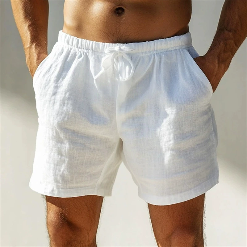 Men's Striped Drawstring Elastic Waist Cotton and Linen Beach Casual Shorts