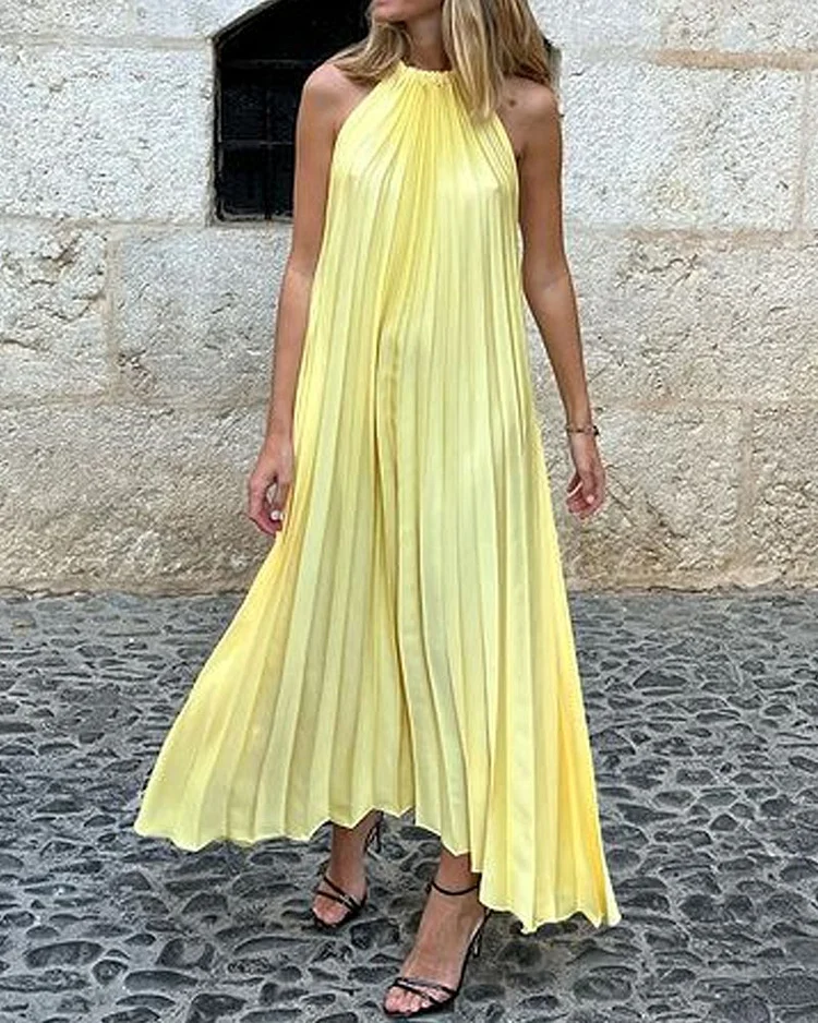 Casual Solid Color Sleeveless Pleated Dress