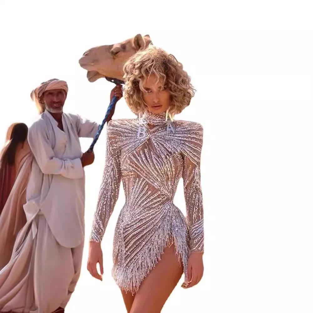 Uveng Uveng 2025 New Women's Sexy Long Sleeve Dress Sprinkled Gold Silver Espoo Fork Evening Dress