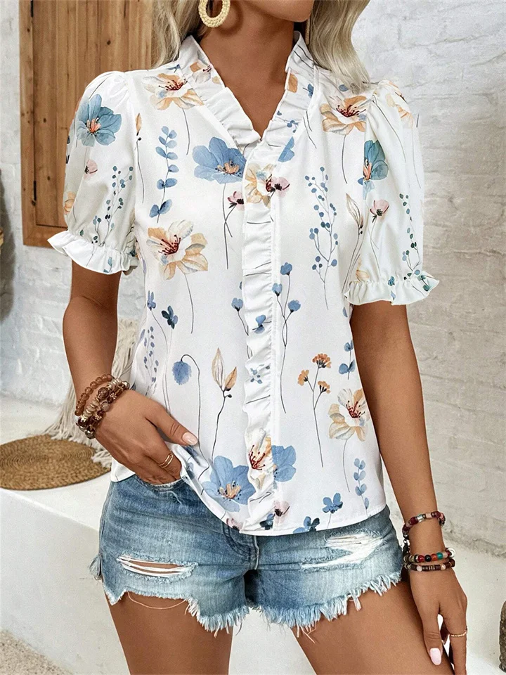 Women's New Ruffles V-neck Printed Bubble Sleeve Women's Shirt