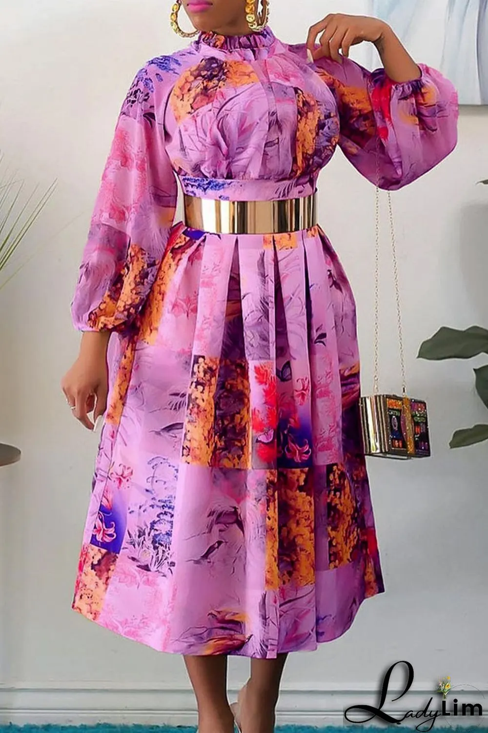 Purple Fashion Casual Print With Belt Turtleneck Long Sleeve Dresses