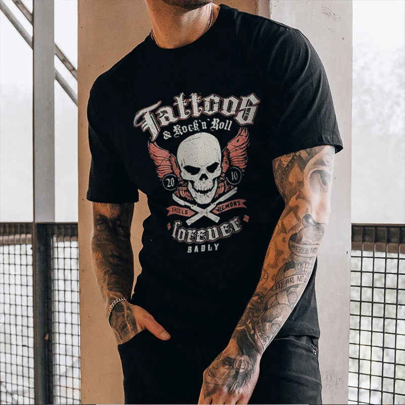 TATTOOG Skull with Wings Letter Graphic Casual Black Print T-shirt