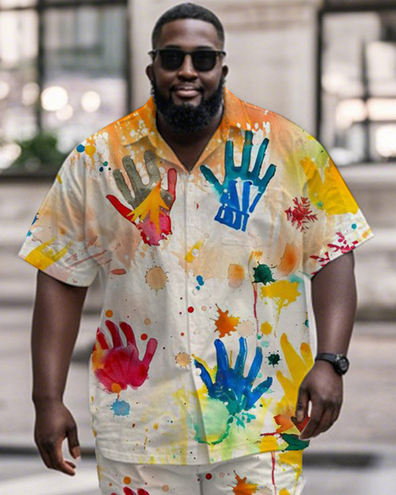 Men's Plus Size Street Fashion Colorful Graffiti Gesture Print Shirt Shorts Suit