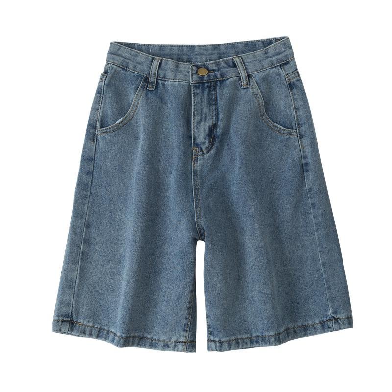 FTLZZ New Summer Women High Waist Blue Wide Leg Denim Shorts Casual Female Solid Color Streetwear Stright Jeans Shorts