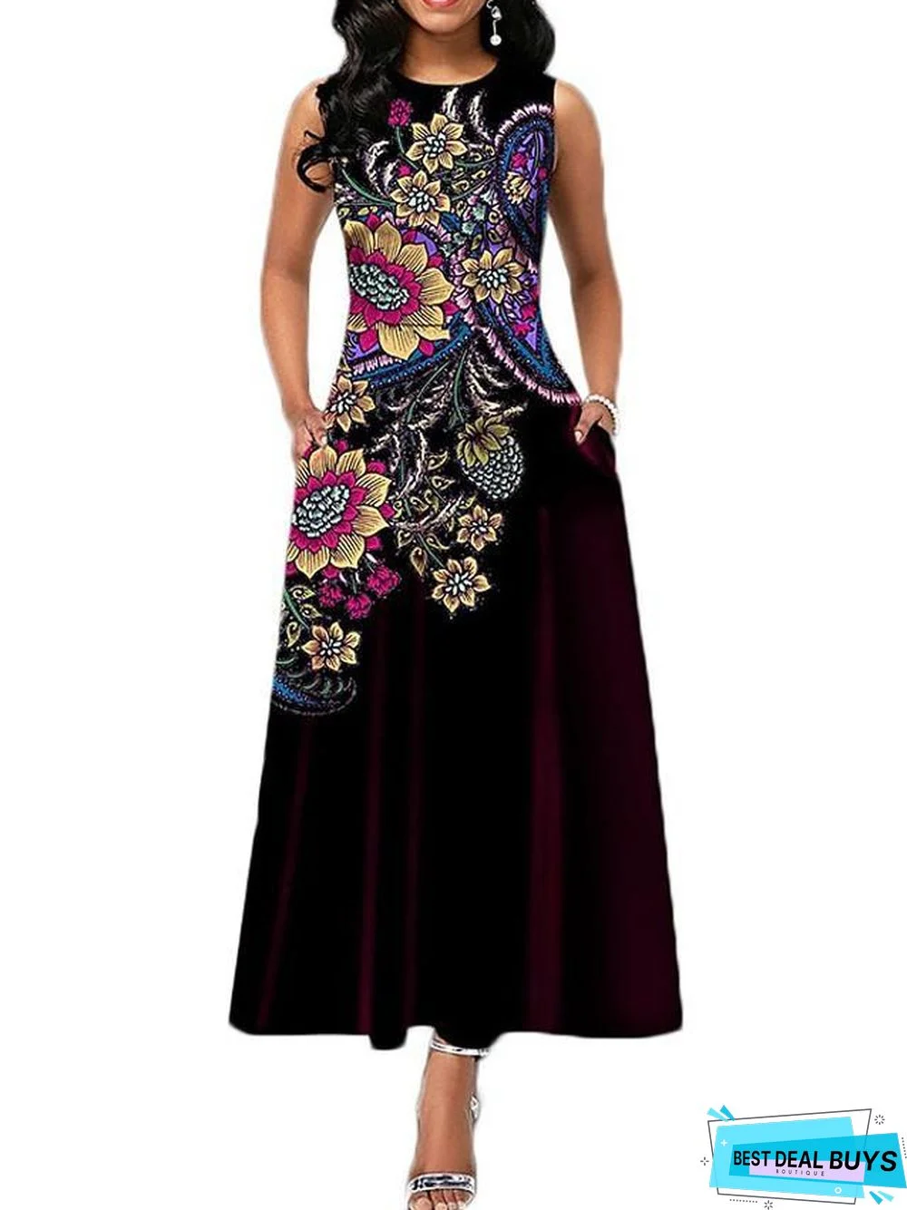 Women's A-Line Dress Maxi Long Dress Sleeveless Print Summer Casual White Black Blue Purple Wine Green White Dresses