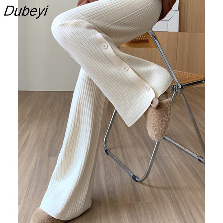 Dubeyi Split Button Wide Leg Pants Straight Casual High Waist Pants Keep Warm In Autumn Solid Loose Wool Cosy Woman Trousers