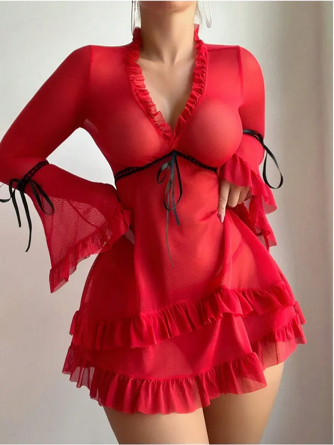 Churchf Sex Lingerie New Sexy Print Mesh Perspective Long-Sleeved Strap Strips With Short Back Dress