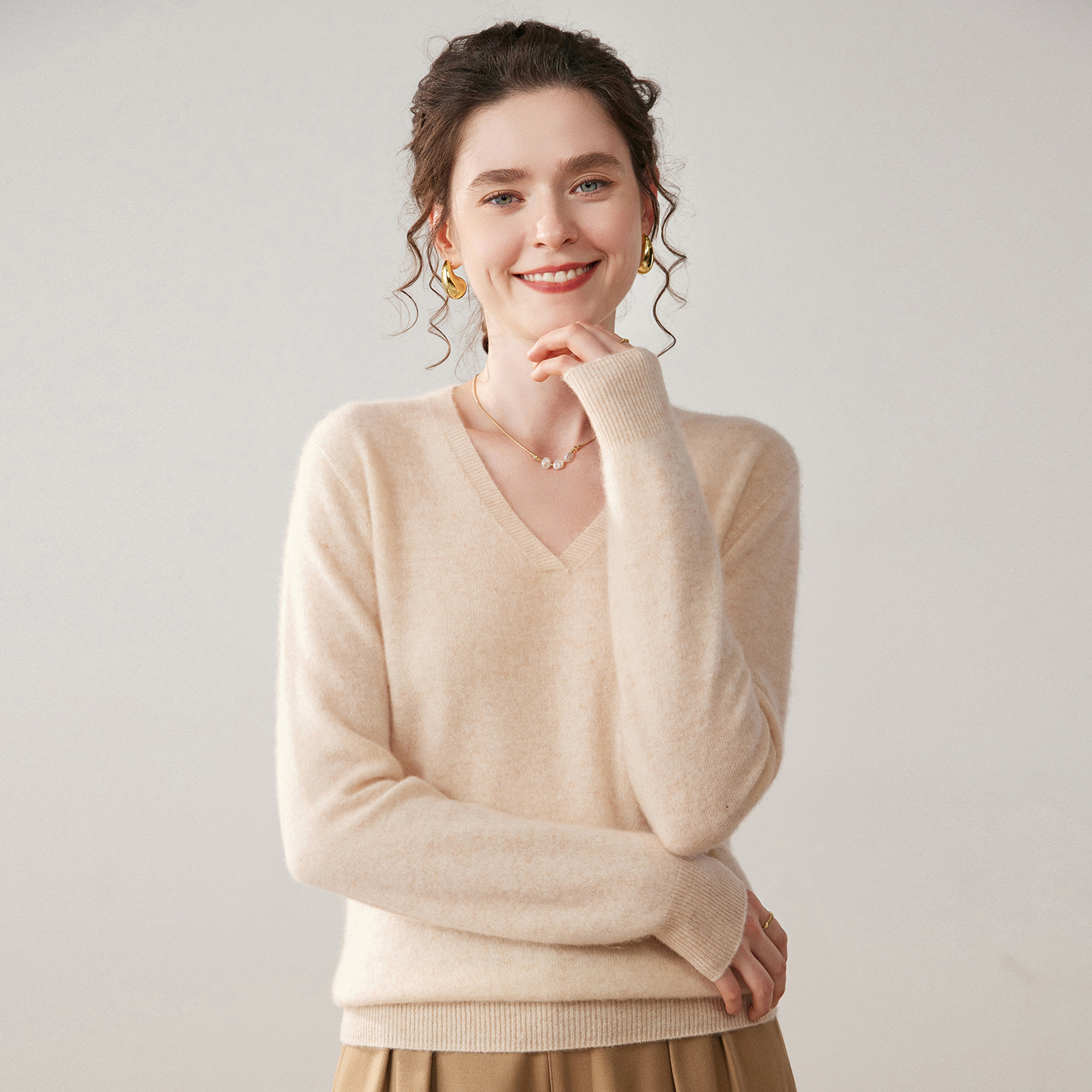 Women's V-Neck Cashmere Sweater Essential Knit Top REAL SILK LIFE