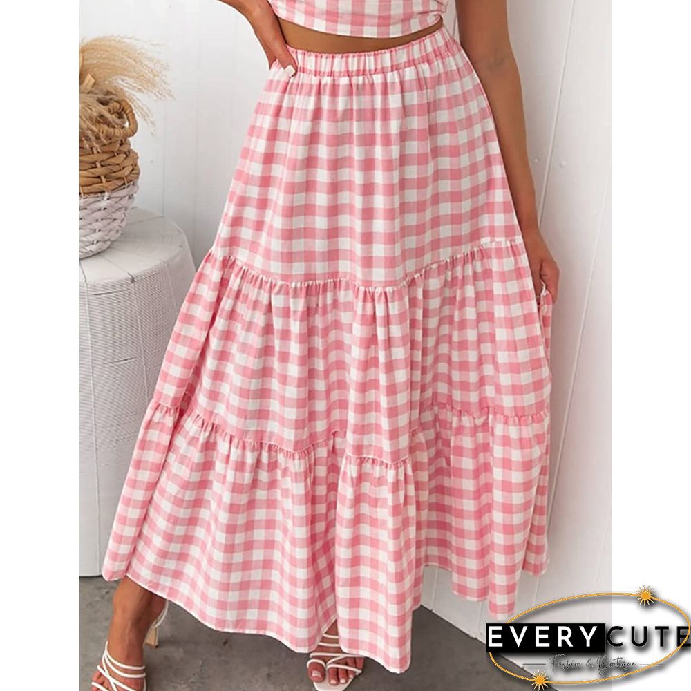 Pink Plaid Print Pocketed Maxi Skirt