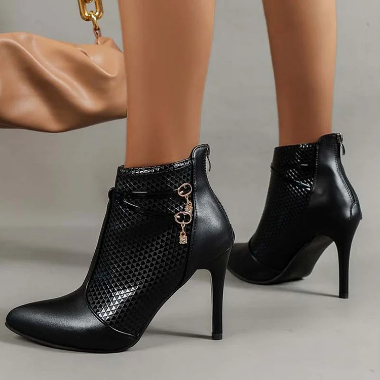 Women'S Black Pointed Toe Zipper Boot Classic Stiletto Heels Vintage Ankle Booties |FSJ Shoes