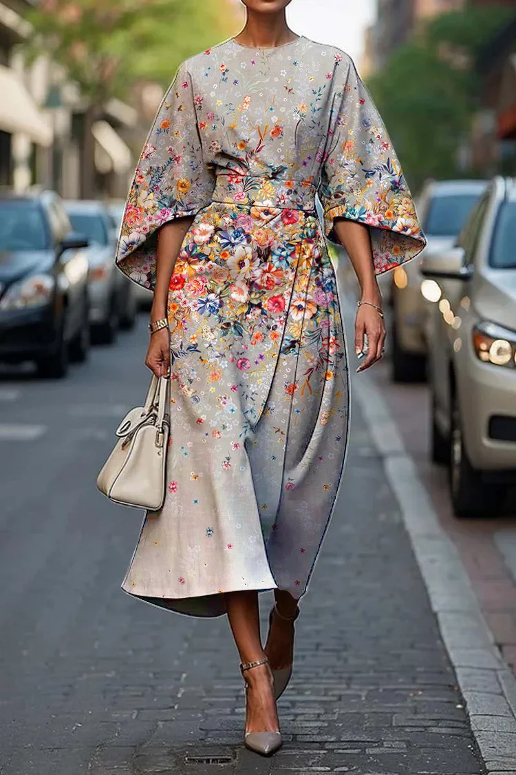 Women's Elegant Classic Floral Art Print Midi Dress