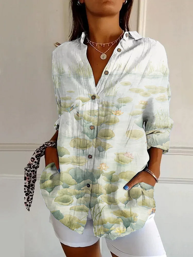 Vintage Pond Swan Print Long Sleeve Shirt