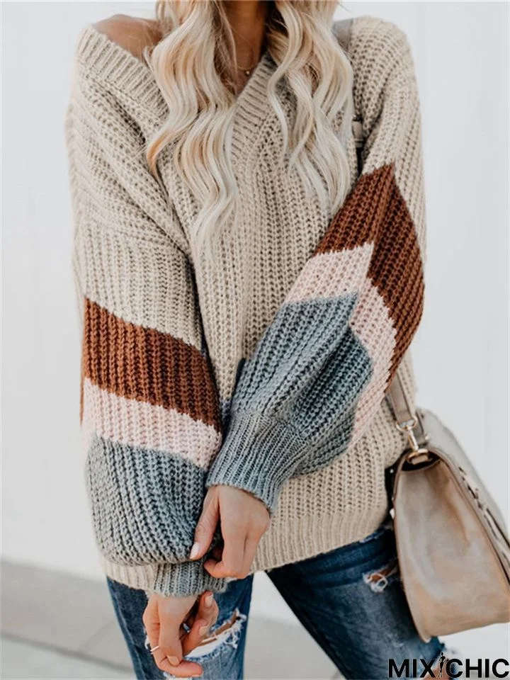 V-Neck Lantern Sleeve Striped Patchwork Knit Sweater