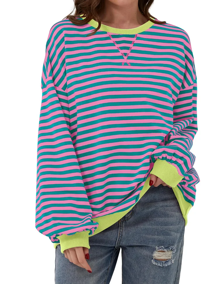 Women's Oversized Striped Long Sleeve Pullover - tree - Codlins