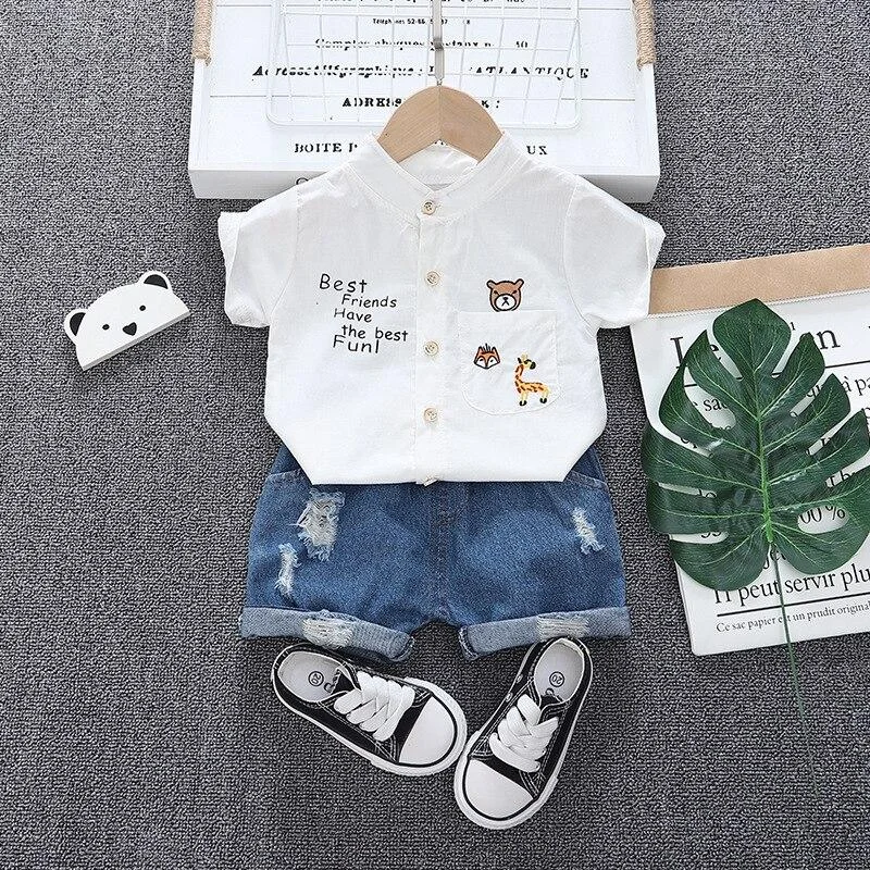Toddler Summer Short Outfits Fashion Boys Girls Clothing 1 2 3 4 5 Years Kids Shirt + Denim Hole Shorts Baby Daily Clothes