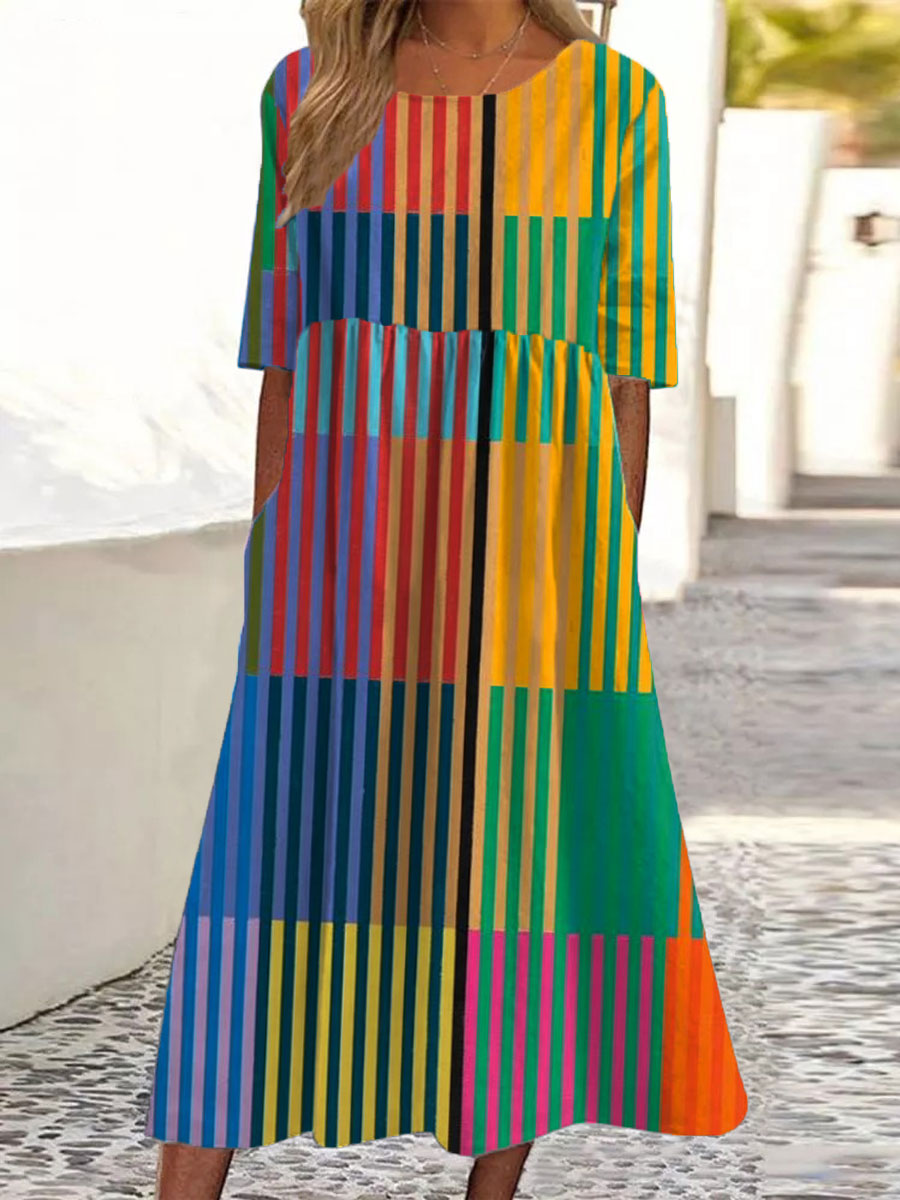 Women's Vintage Abstract Geometric Art Print Pocket Cotton Dress