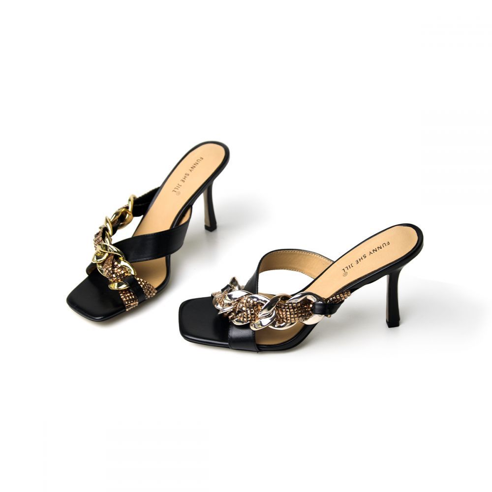 Metallic Chain Black Heels Mule Heels Slides Shoes