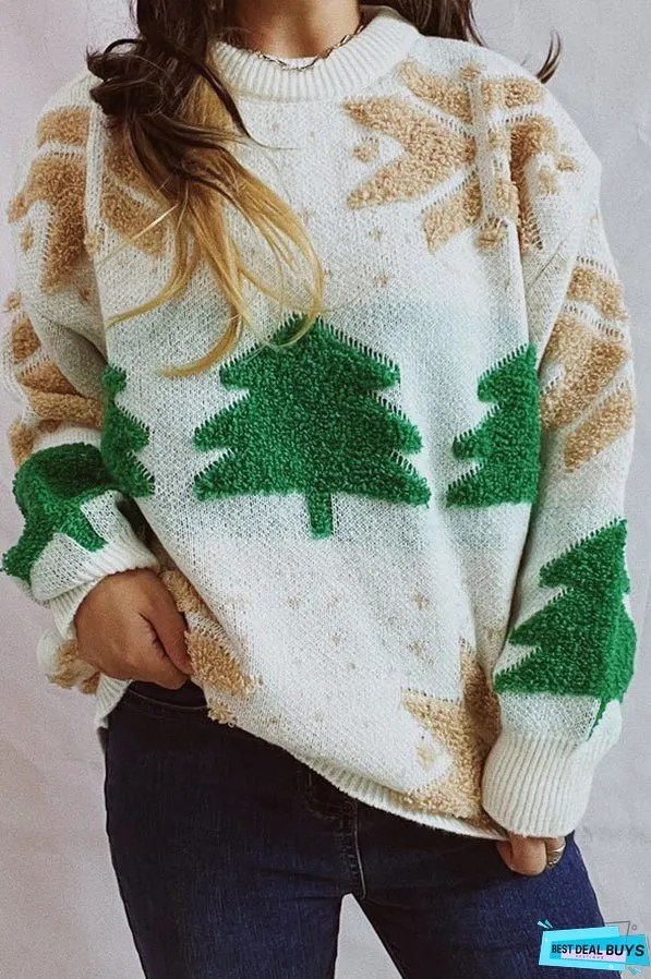 Christmas Pattern Knitted Crew Neck Long Sleeved Sweater