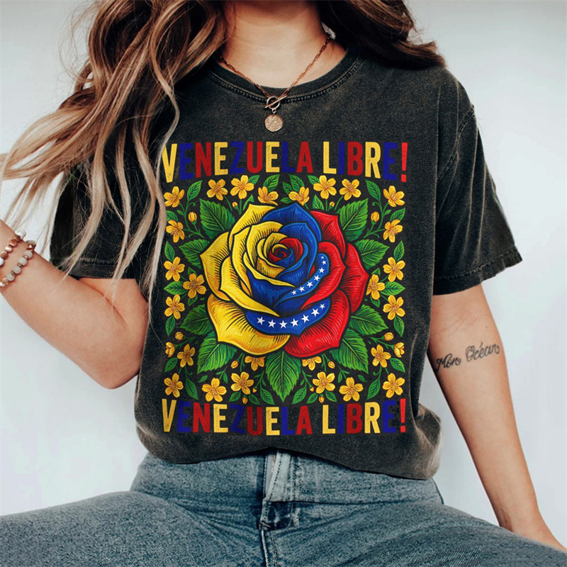 Venezuela Libre Flag Rose Floral Vintage Washed T Shirt artswardrobe